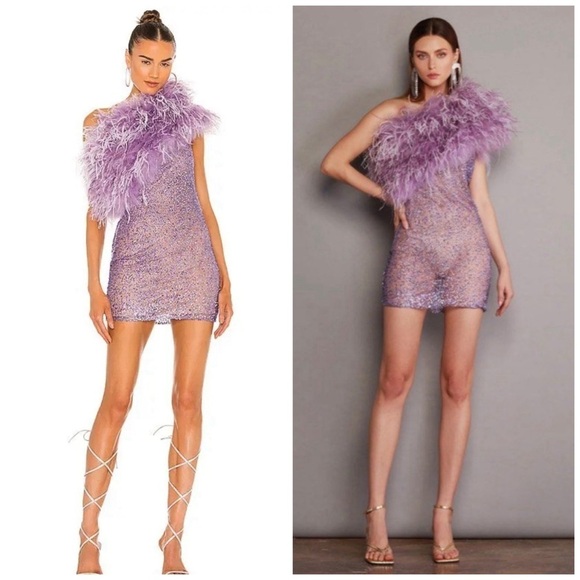 Bronx and Banco Lulu Sequin Glitter Feather One Shoulder Dress Purple Small - Picture 2 of 10